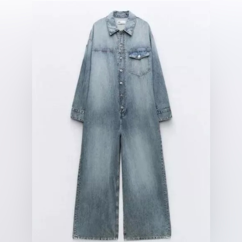 ZARA WOMAN WIDE-LEG DENIM TRF JUMPSUIT FADED BLUE SIZE XL 4365/280